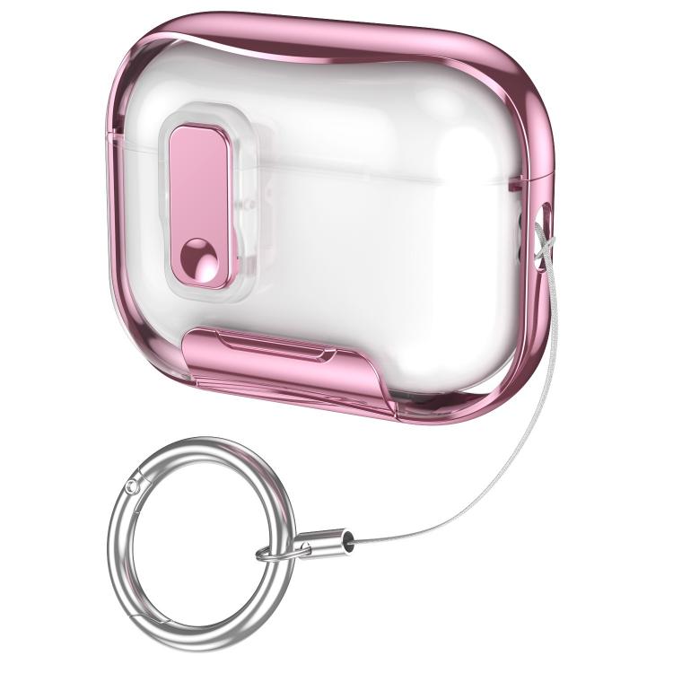 For AirPods Pro 3 Glass-Coated Transparent Electroplated Lock Invisible Holder Earphone Cover with Metal Ring Buckle(Radiant Pink)