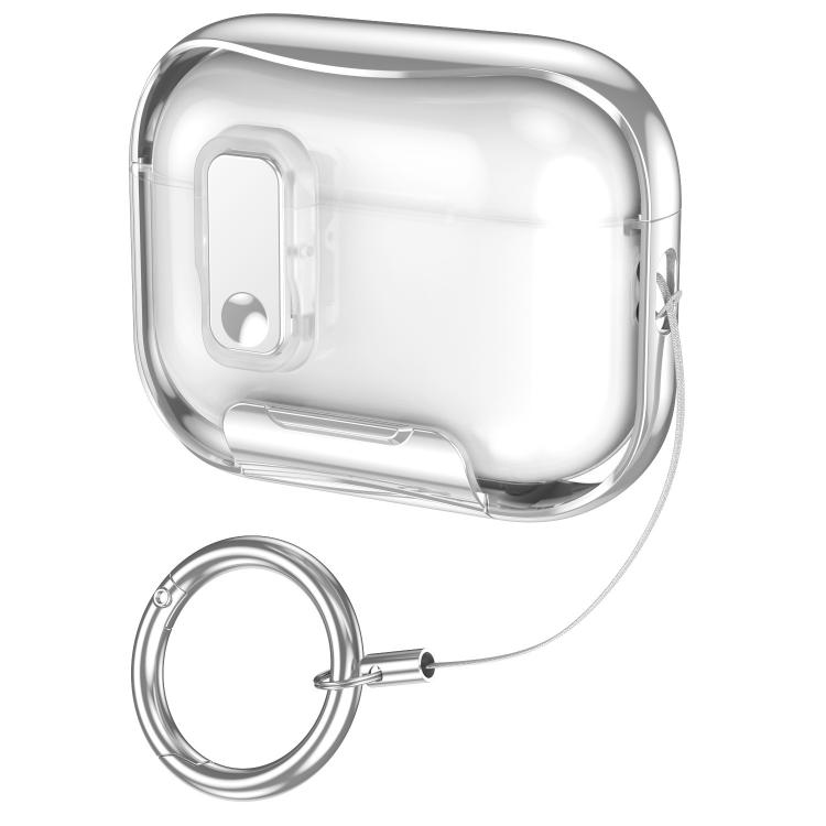 For AirPods Pro 3 Glass-Coated Transparent Electroplated Lock Invisible Holder Earphone Cover with Metal Ring Buckle(Starlight Silver)