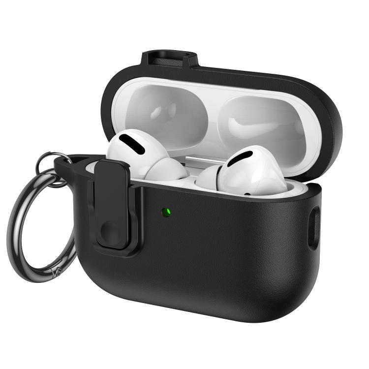 For AirPods Pro 3 Grained Leather Look TPU Earphone Cover with Ring Hook(Classic Black)
