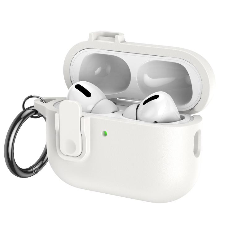 For AirPods Pro 3 Grained Leather Look TPU Earphone Cover with Ring Hook(Elegant White)
