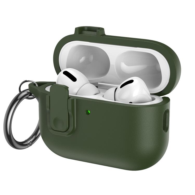 For AirPods Pro 3 Grained Leather Look TPU Earphone Cover with Ring Hook(Mountain Ridge Green)