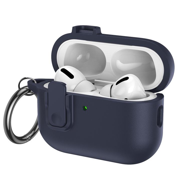 For AirPods Pro 3 Grained Leather Look TPU Earphone Cover with Ring Hook(Navy Blue)