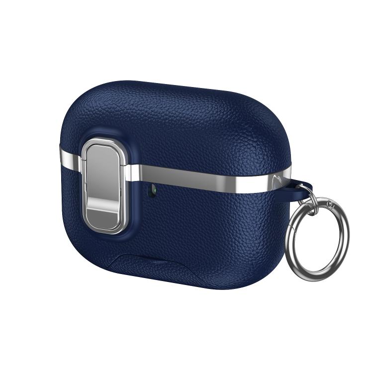 For AirPods Pro 3 Hidden Stand Electroplated Vegan Leather Texture Wireless Earphones Protective Case(Blue)