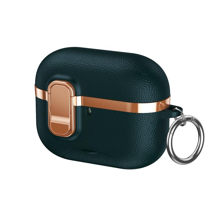 For AirPods Pro 3 Hidden Stand Electroplated Vegan Leather Texture Wireless Earphones Protective Case(Dark Green)