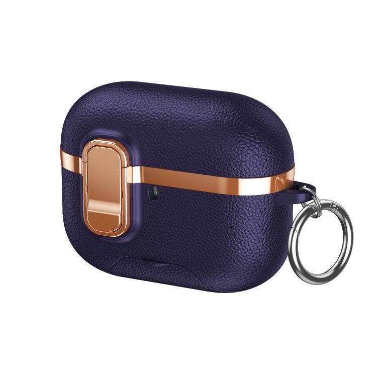For AirPods Pro 3 Hidden Stand Electroplated Vegan Leather Texture Wireless Earphones Protective Case(Purple)