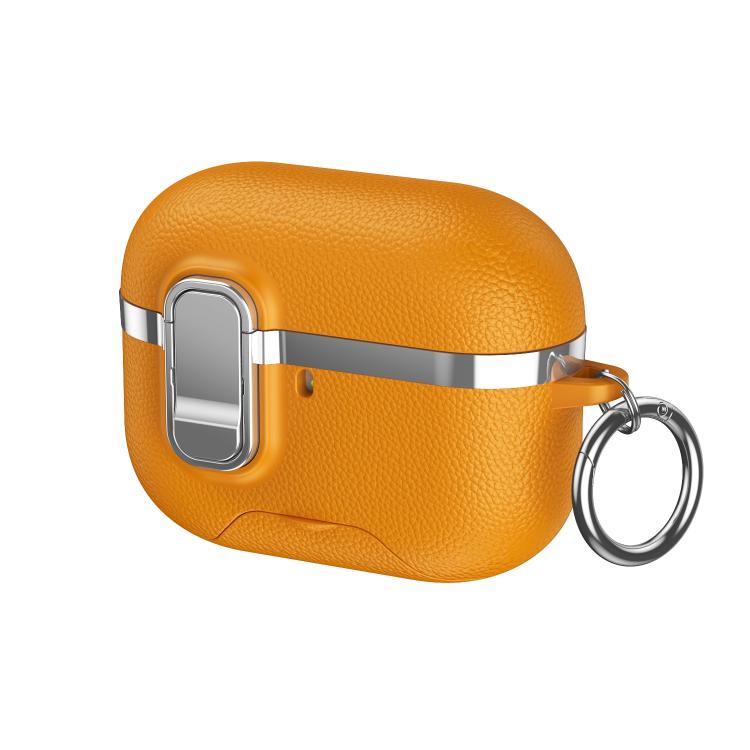 For AirPods Pro 3 Hidden Stand Electroplated Vegan Leather Texture Wireless Earphones Protective Case(Yellow)