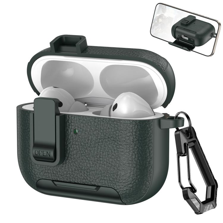 For AirPods Pro 3 Leather Texture Wireless Earphones Case with Hook & Holder(Army Green)