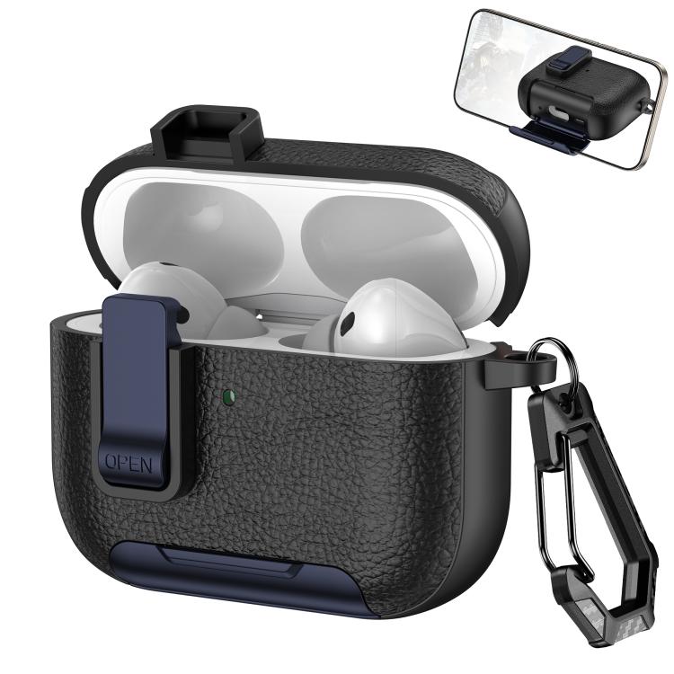 For AirPods Pro 3 Leather Texture Wireless Earphones Case with Hook & Holder(Black Dark Blue)