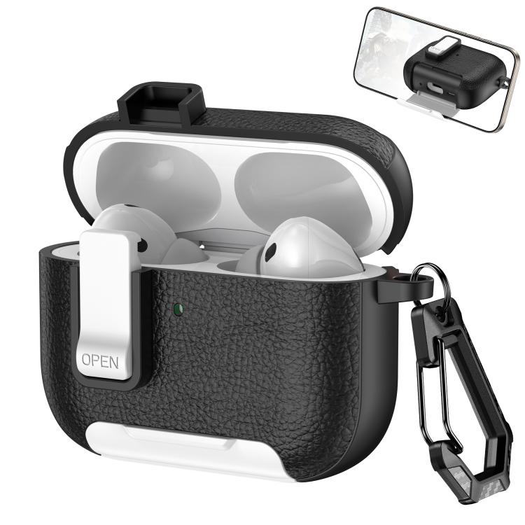 For AirPods Pro 3 Leather Texture Wireless Earphones Case with Hook & Holder(Black White)