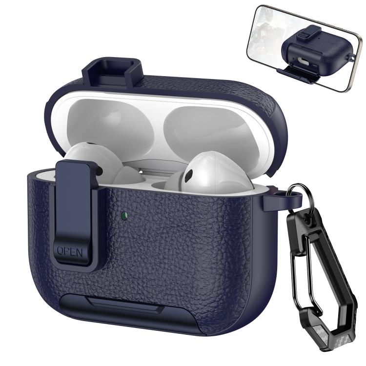 For AirPods Pro 3 Leather Texture Wireless Earphones Case with Hook & Holder(Dark Blue)