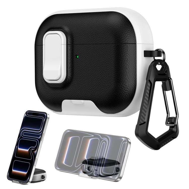 For AirPods Pro 3 Litchi Texture Earphone Case with Holder & Security Lock(Black White)