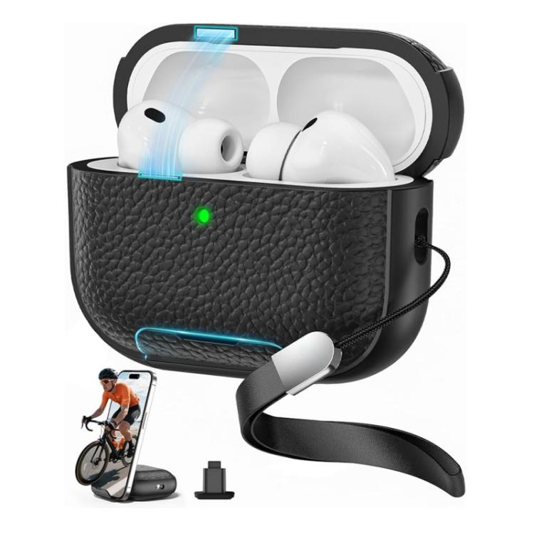 For AirPods Pro 3 Litchi Texture TPU Magnetic Holder Earphone Case with Wrist Strap(Black)