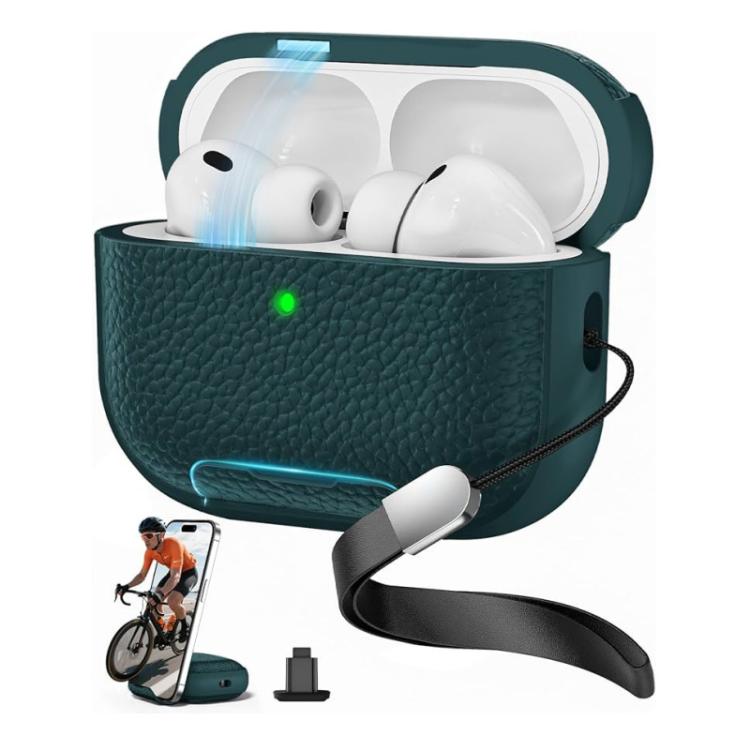 For AirPods Pro 3 Litchi Texture TPU Magnetic Holder Earphone Case with Wrist Strap(Dark Green)