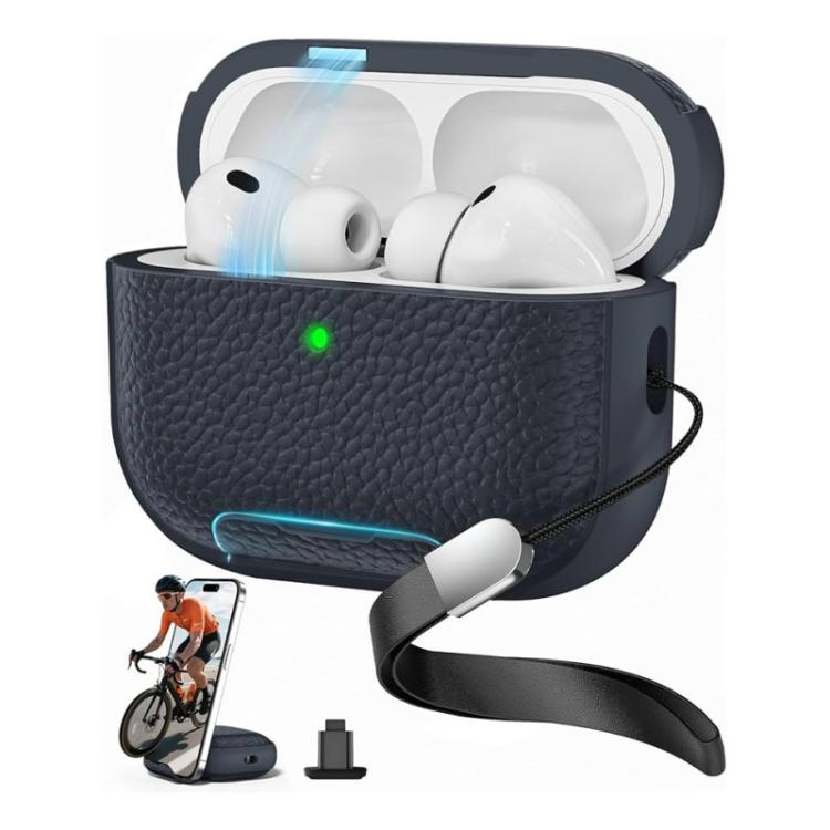 For AirPods Pro 3 Litchi Texture TPU Magnetic Holder Earphone Case with Wrist Strap(Navy Blue)