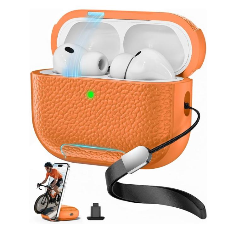 For AirPods Pro 3 Litchi Texture TPU Magnetic Holder Earphone Case with Wrist Strap(Orange)