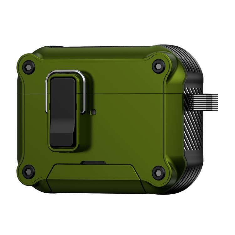 For AirPods Pro 3 Safety Buckle Magnetic Auto Pop-Up Earphones Protective Case With Holder(Black Army Green)