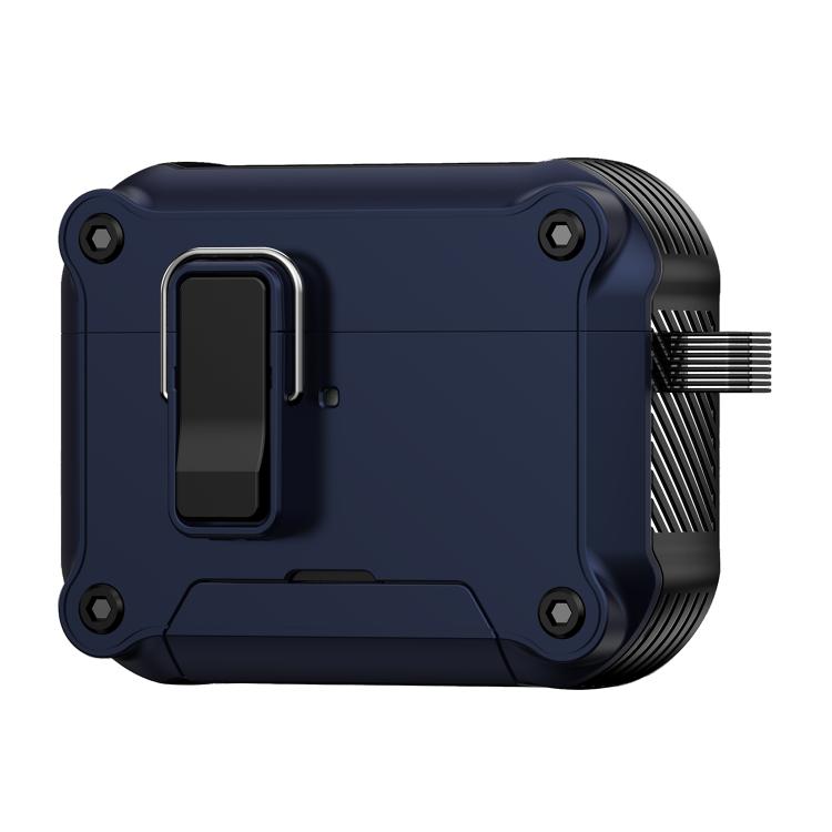 For AirPods Pro 3 Safety Buckle Magnetic Auto Pop-Up Earphones Protective Case With Holder(Black Blue)