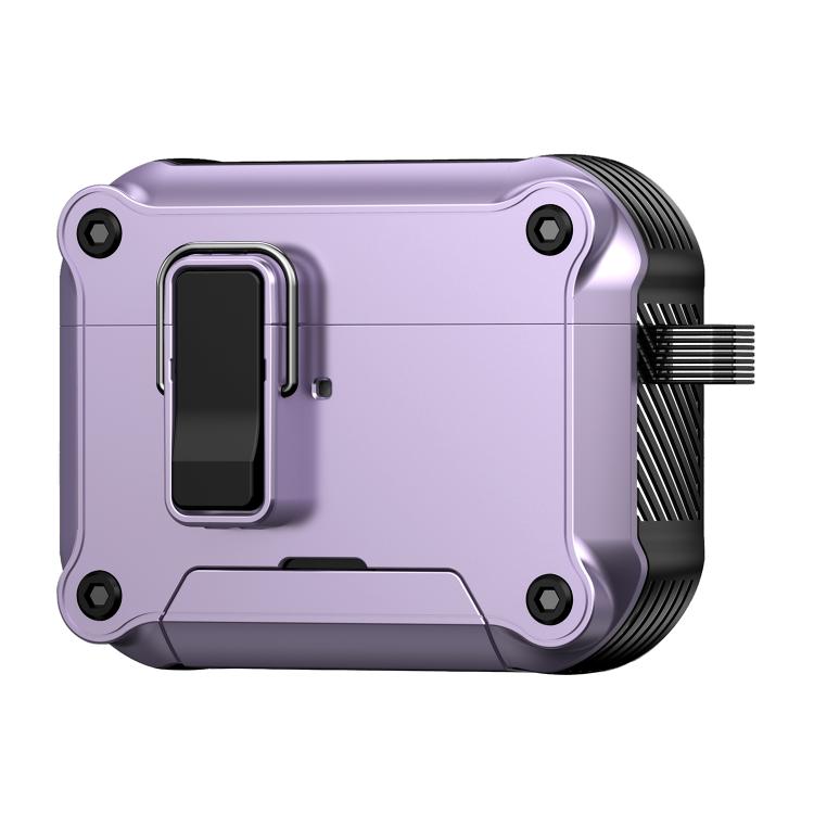 For AirPods Pro 3 Safety Buckle Magnetic Auto Pop-Up Earphones Protective Case With Holder(Black Purple)