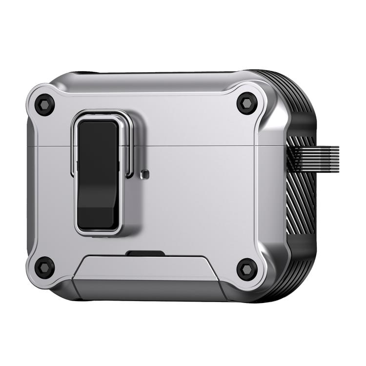 For AirPods Pro 3 Safety Buckle Magnetic Auto Pop-Up Earphones Protective Case With Holder(Black Silver)