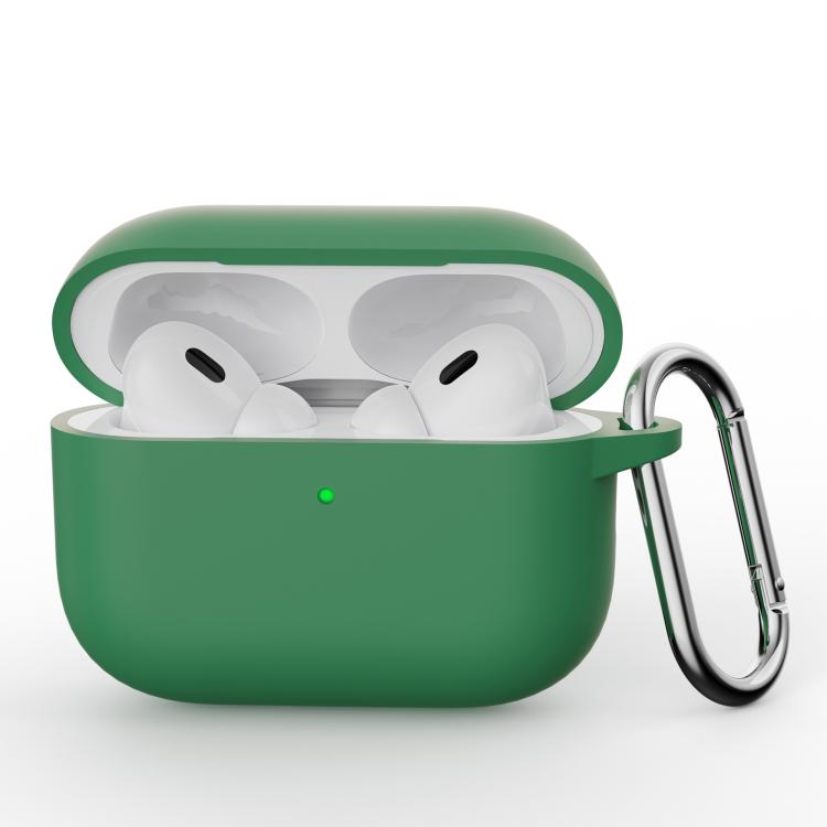 For AirPods Pro 3 Simple Solid Color Silicone Protective Cover with Hook(Pine Needle Green)