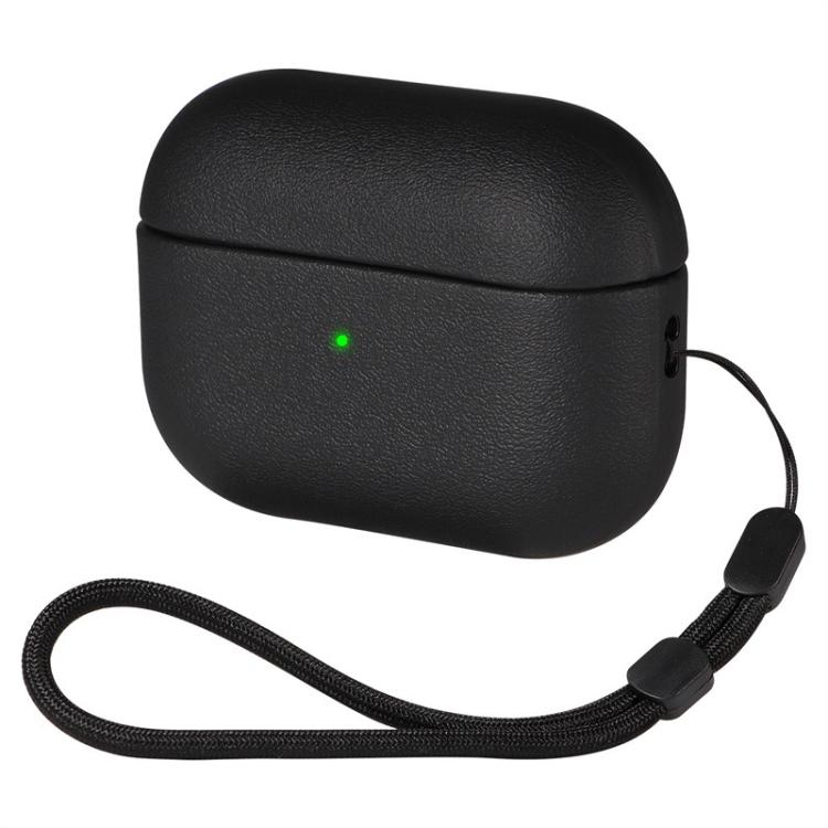 For AirPods Pro 3 Simple Solid Color Soft Leather Texture TPU Earphone Protective Cover with Strap(Black)