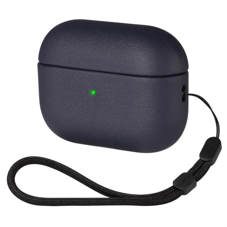 For AirPods Pro 3 Simple Solid Color Soft Leather Texture TPU Earphone Protective Cover with Strap(Dark Blue)