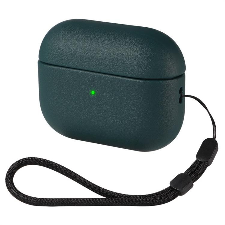 For AirPods Pro 3 Simple Solid Color Soft Leather Texture TPU Earphone Protective Cover with Strap(Dark Green)