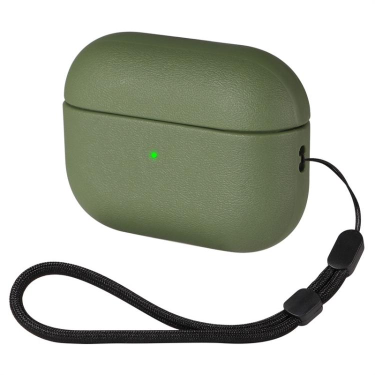 For AirPods Pro 3 Simple Solid Color Soft Leather Texture TPU Earphone Protective Cover with Strap(Light Green)