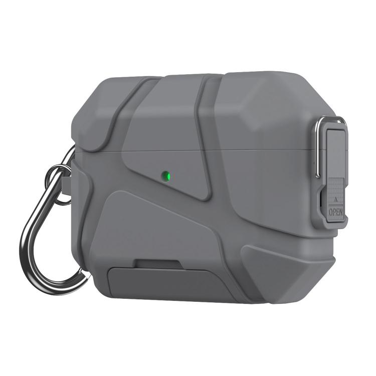 For AirPods Pro 3 Snap-Lock Invisible Holder Full-Cover TPU Earphone Cover with Carabiner(Gray)
