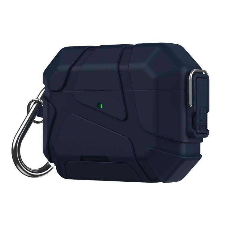 For AirPods Pro 3 Snap-Lock Invisible Holder Full-Cover TPU Earphone Cover with Carabiner(Navy Blue)