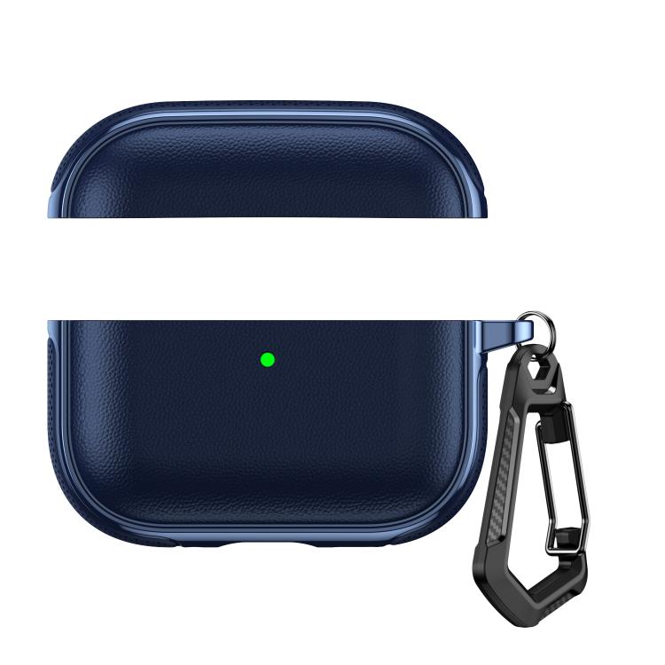 For AirPods Pro 3 Split Design Vegan Leather Texture Earphone Protective Case With Metal Hook(Blue)