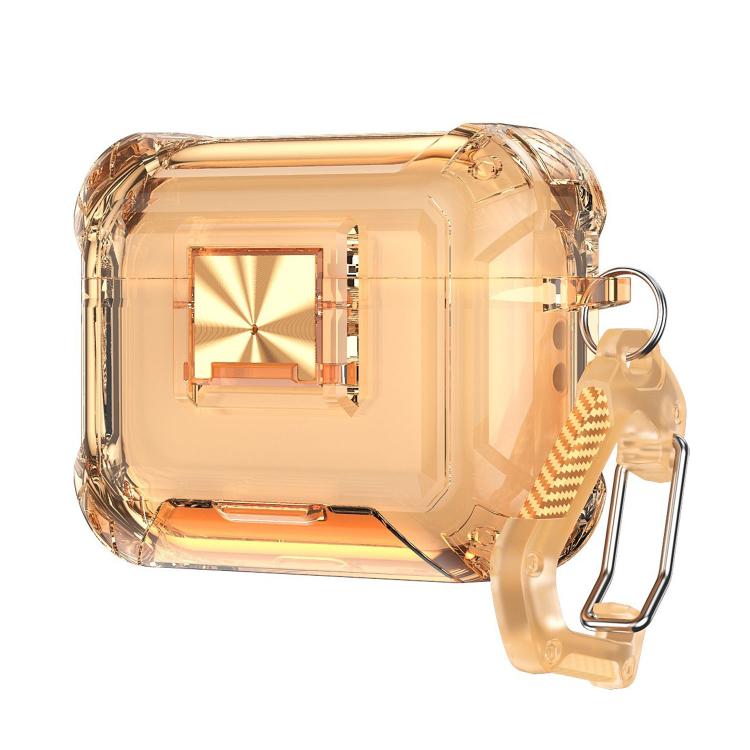 For AirPods Pro 3 Transparent Snap Lock Shockproof TPU Earphone Cover with Carabiner(Transparent Orange)