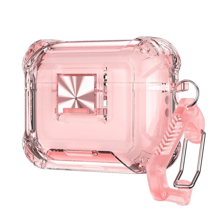 For AirPods Pro 3 Transparent Snap Lock Shockproof TPU Earphone Cover with Carabiner(Transparent Pink)