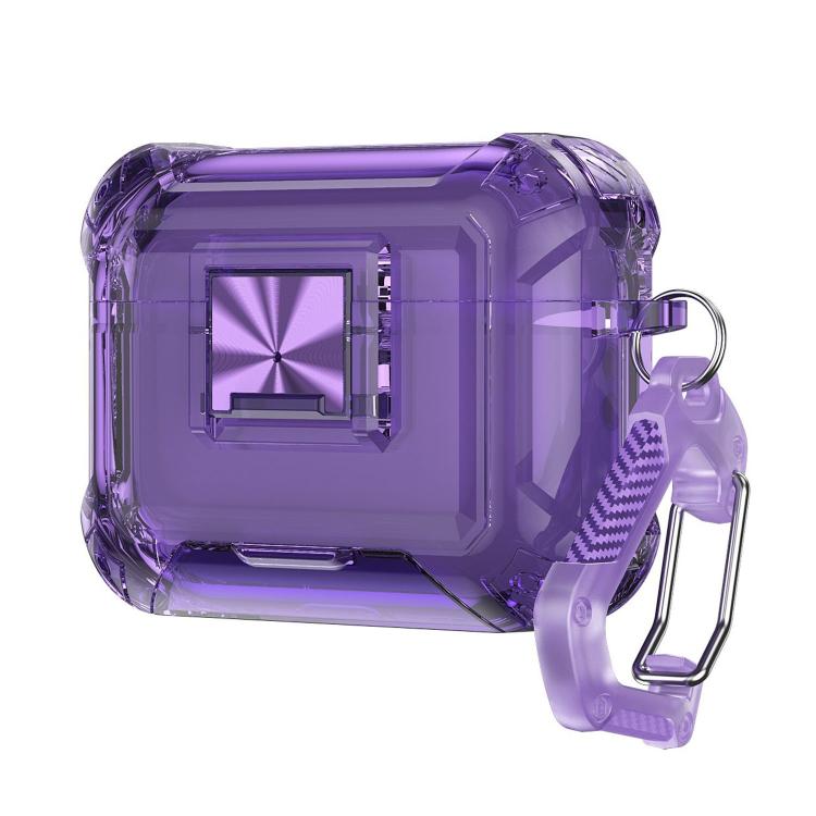 For AirPods Pro 3 Transparent Snap Lock Shockproof TPU Earphone Cover with Carabiner(Transparent Purple)