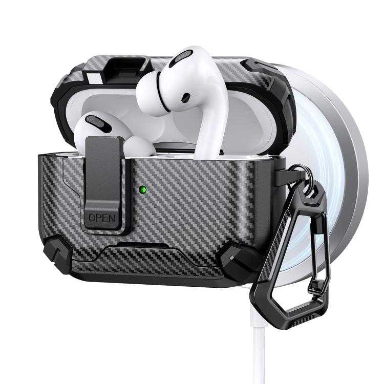 For AirPods Pro 3 Two Color MagSafe Magnetic Holder Carbon Fiber Pattern Earphone Case(Black)