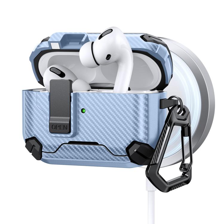 For AirPods Pro 3 Two Color MagSafe Magnetic Holder Carbon Fiber Pattern Earphone Case(Black Blue)