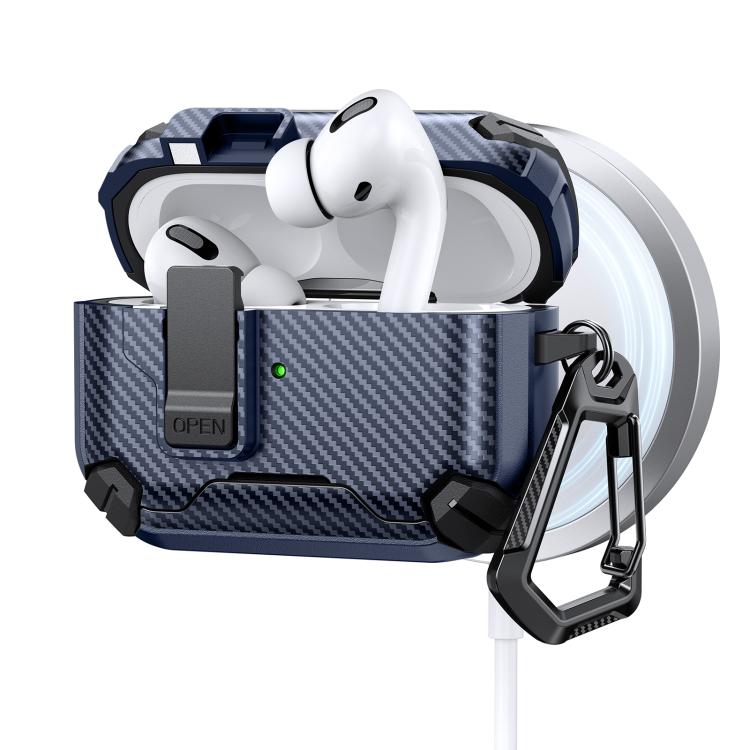 For AirPods Pro 3 Two Color MagSafe Magnetic Holder Carbon Fiber Pattern Earphone Case(Black Dark Blue)