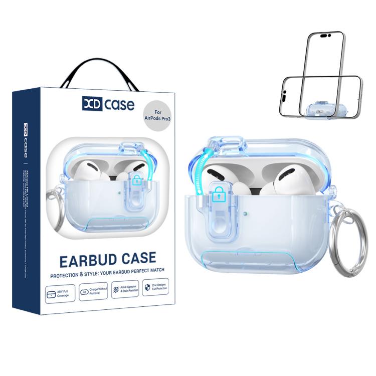 For AirPods Pro 3 XDcase Clear TPU Auto Pop-Up Earbud Case with Holder(Transparent Blue)