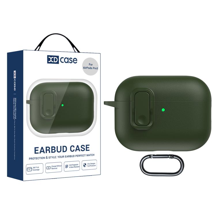 For AirPods Pro 3 XDcase Faux Leather Texture Security Lock TPU Earbud Case(Dark Green)