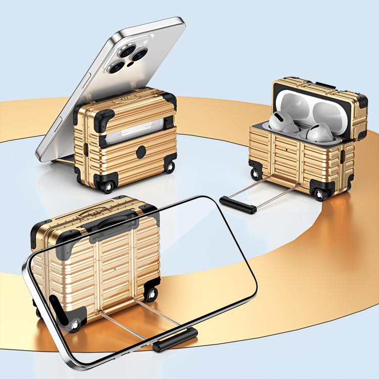 For AirPods Pro 3 XDcase Suitcase Design PC Hybrid TPU Earphone Case with Holder(Gold)