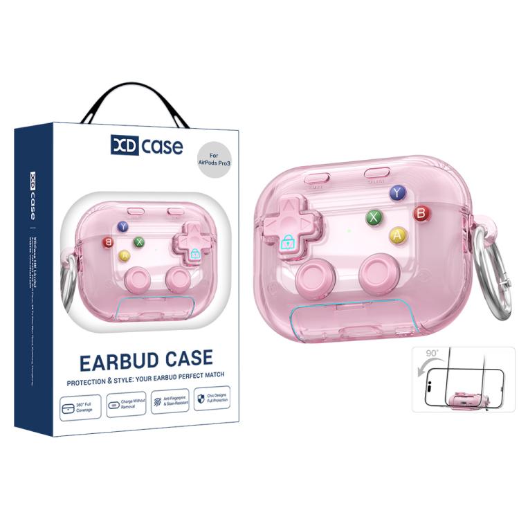 For AirPods Pro 3 XDcase Transparent Retro Game Console Design Earbuds Case with Holder & Stress Relief Button(Pink)