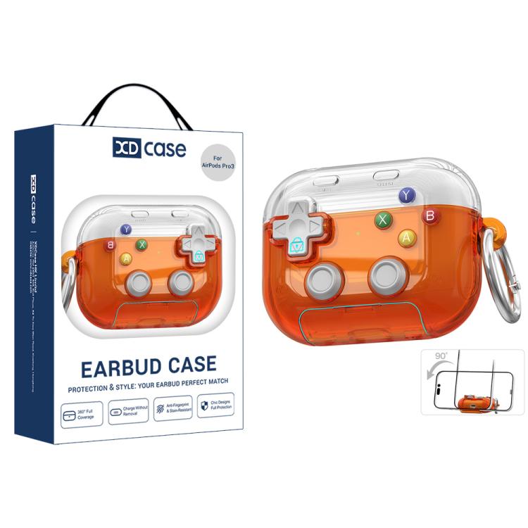For AirPods Pro 3 XDcase Transparent Retro Game Console Design Earbuds Case with Holder & Stress Relief Button(Transparent Orange)