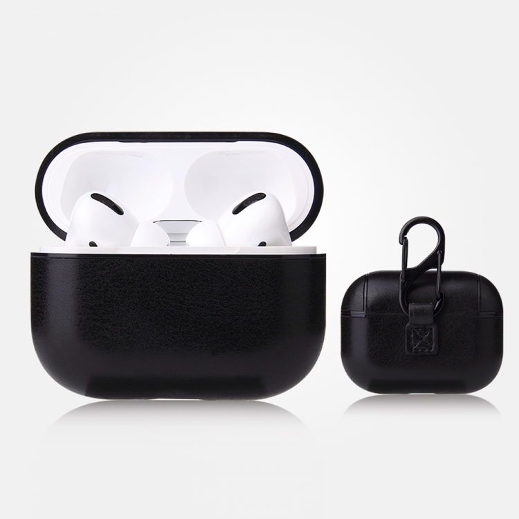 For AirPods Pro Anti-fall Crazy Horse Texture PU Leather Protective Case with Carabiner(Black)