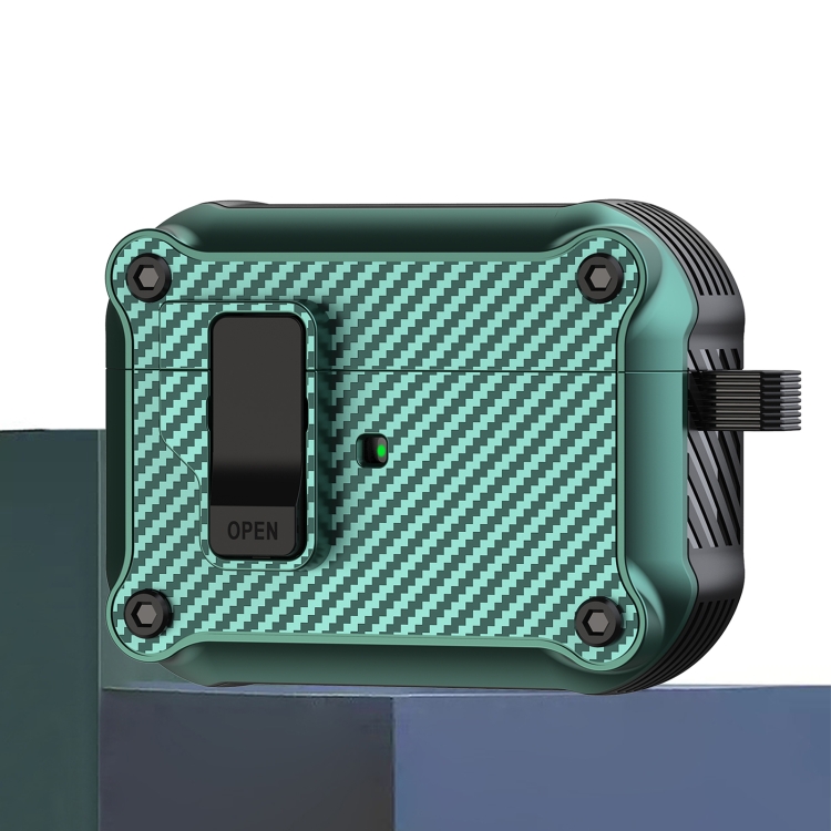 For AirPods Pro Carbon Fiber Magnetic Automatic Switch Earphone Protective Case(Green)