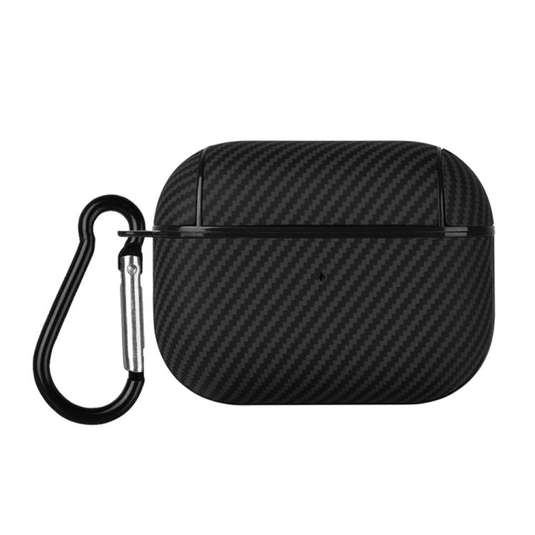 For AirPods Pro Carbon Fibre Texture PU Earbuds Box PC Case with Hook(Black)