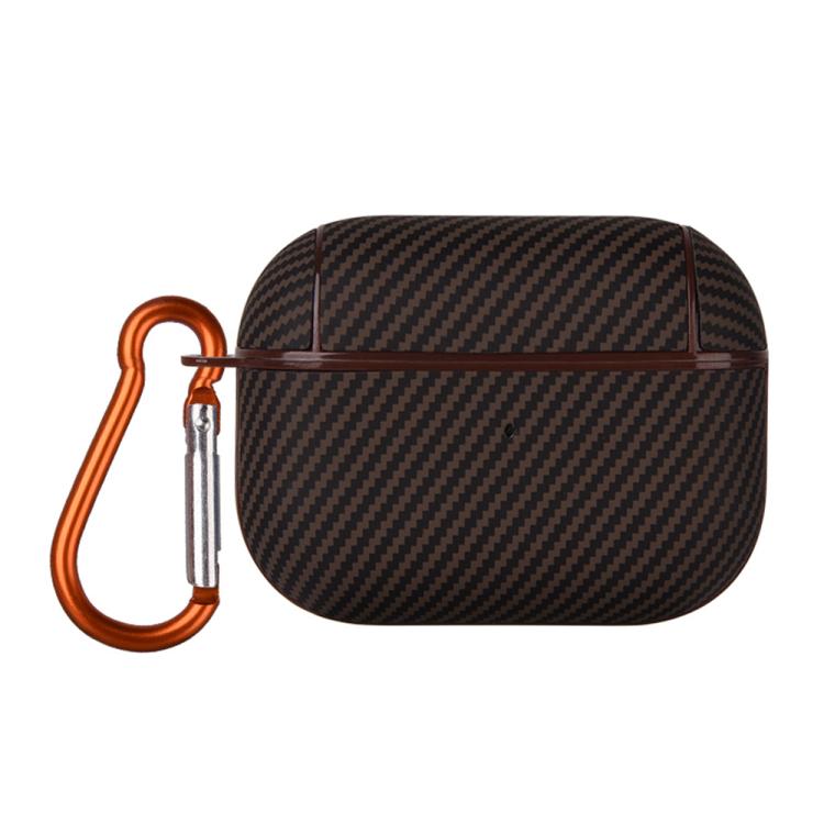 For AirPods Pro Carbon Fibre Texture PU Earbuds Box PC Case with Hook(Brown)