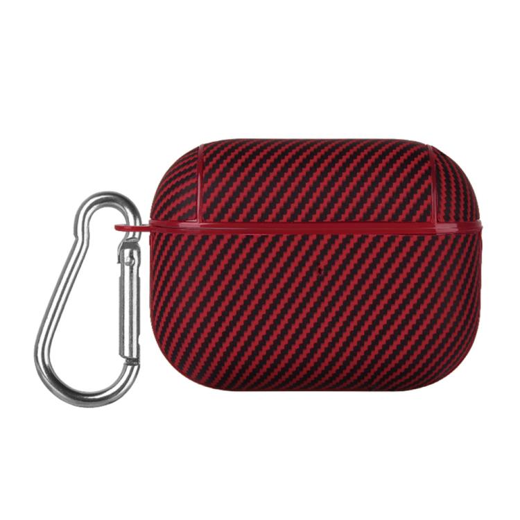 For AirPods Pro Carbon Fibre Texture PU Earbuds Box PC Case with Hook(Red)