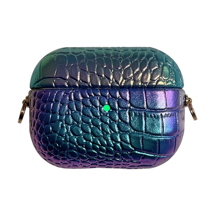 For AirPods Pro Colorful Crocodile Pattern PC Earphone Case with Anti-lost Metal Long Chain(Dark Blue)