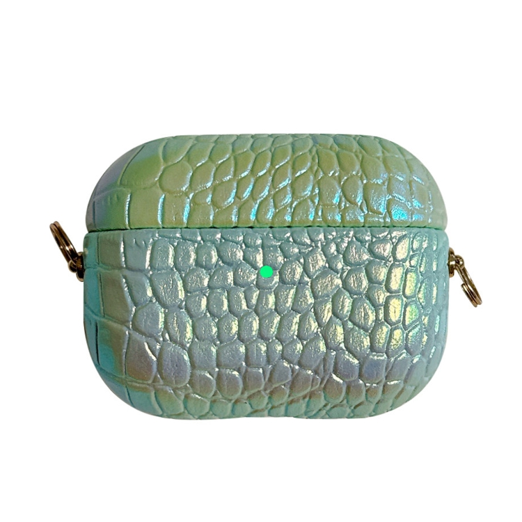 For AirPods Pro Colorful Crocodile Pattern PC Earphone Case with Anti-lost Metal Long Chain(Green)