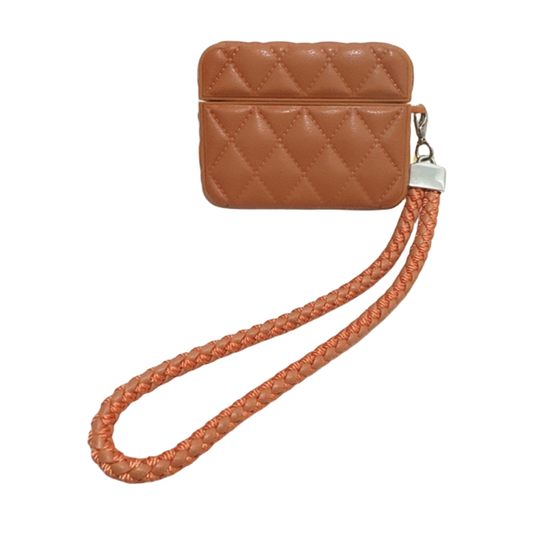 For AirPods Pro Down Coat Texture PU Earbuds Box PC Case with Lanyard(Caramel)